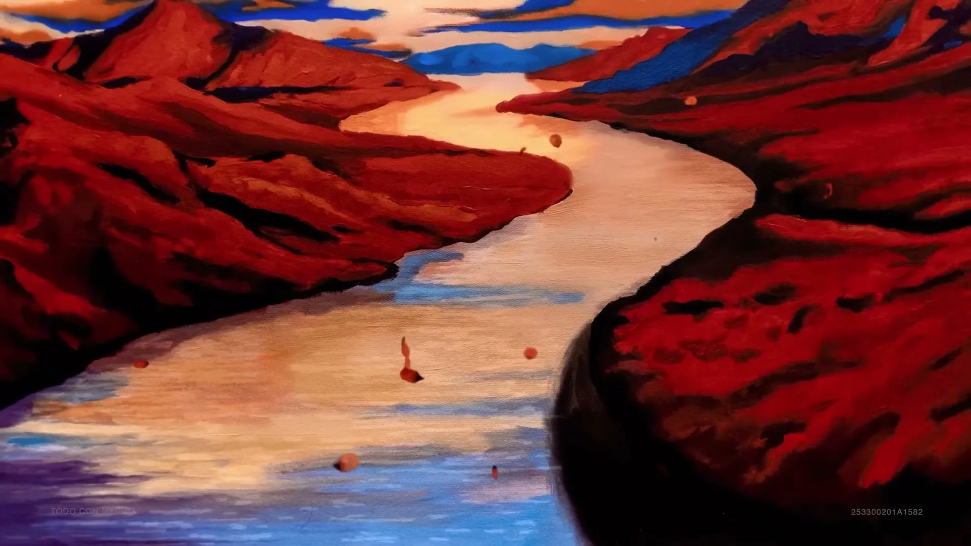 An animated painting depicts a winding river flowing through a canyon of red mountains under a colorful sky, with small red leaves floating on the water.