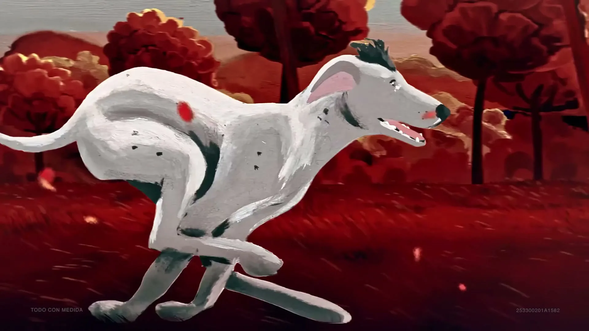 A white dog with black spots runs through a red-toned forest, painted in a stylized animation, with trees and foliage in the background.