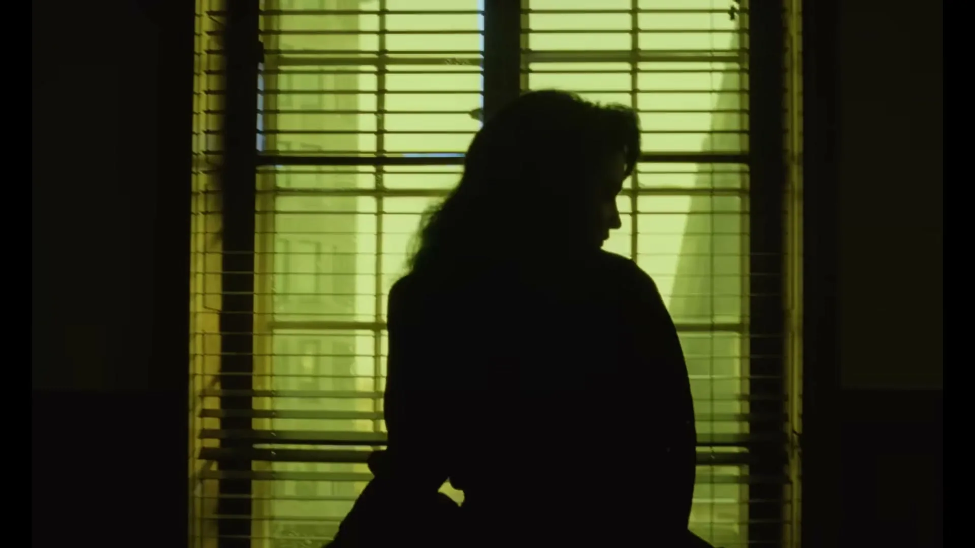 A woman in silhouette stands in front of a window with blinds, looking away from the camera in a dark room.