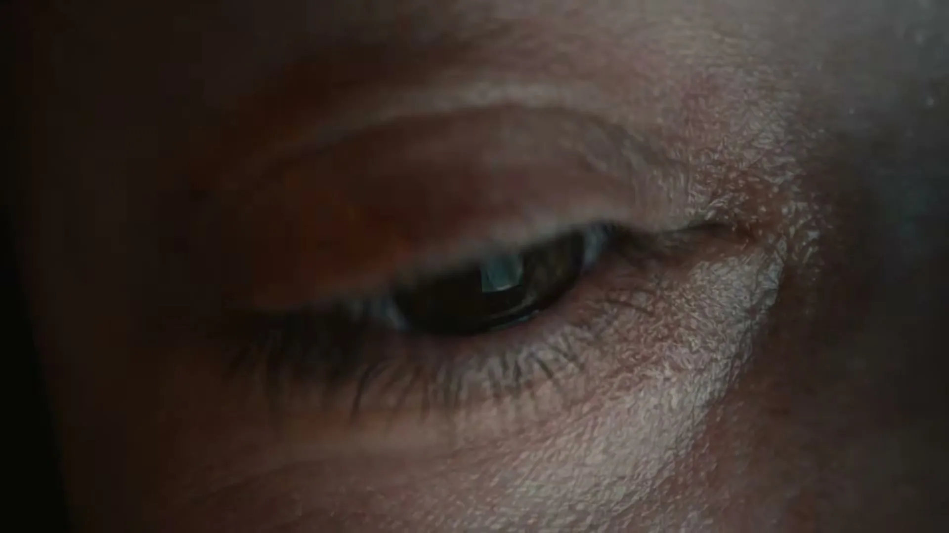 A person's eye is shown in extreme closeup, with the pupil dilating and contracting, reflecting a small image of a room.
