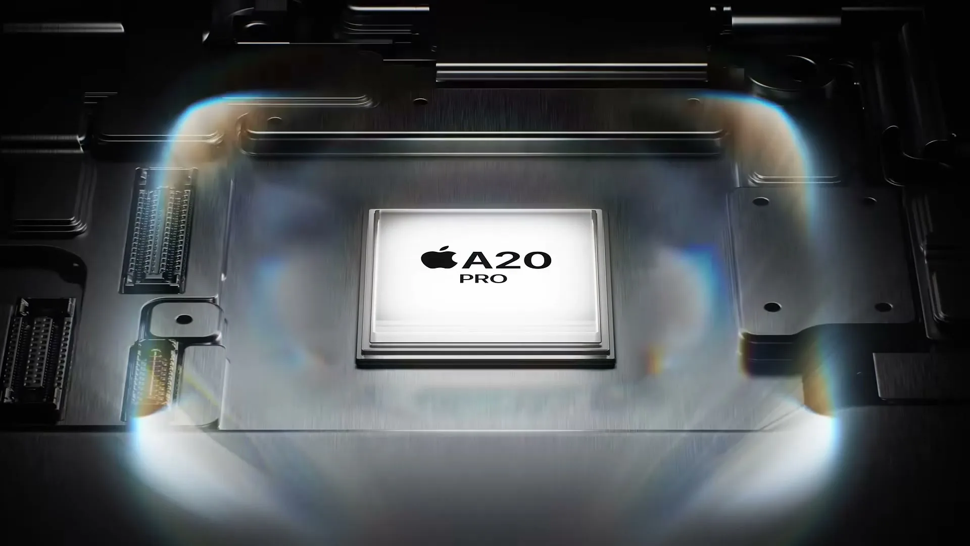 A close-up shot reveals the Apple A20 Pro chip, glowing brightly within a dark, metallic circuit board, emphasizing its advanced technology.