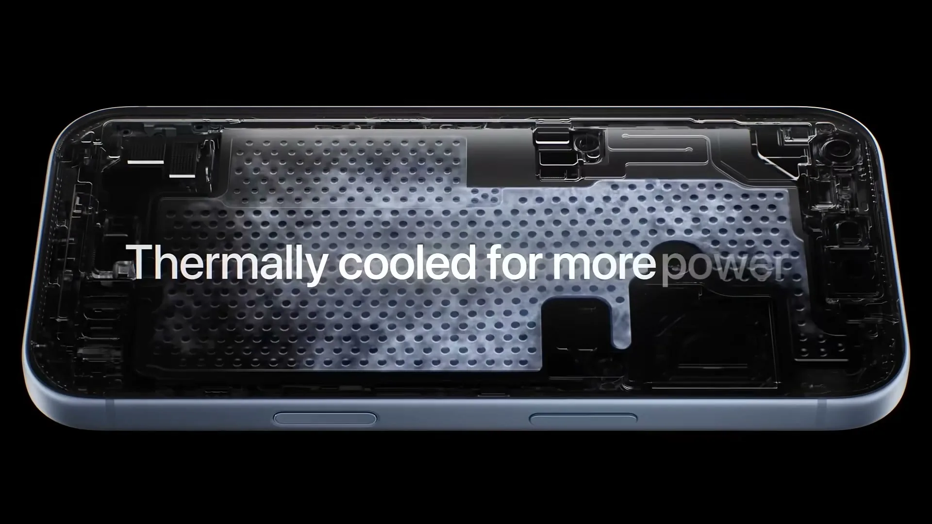 A close-up shot of a smartphone's internal components, with text overlayed, on a black background.
