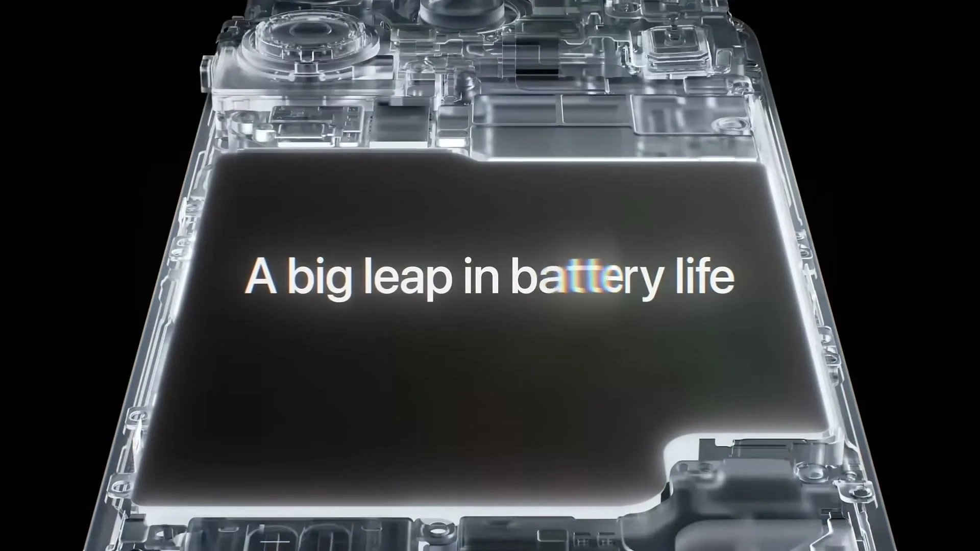 A transparent phone with internal components visible, highlights a large battery and displays the text "A big leap in battery life" on a black background.