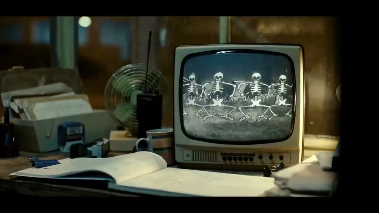 A vintage television set on a cluttered desk displays a black and white animation of dancing skeletons, with a fan and papers in the background.