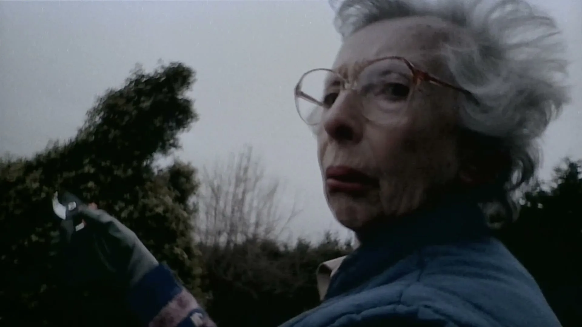 An elderly woman with grey hair and glasses, wearing a blue jacket and gardening gloves, holds pruning shears and looks up at a tree in her garden on a cloudy day.