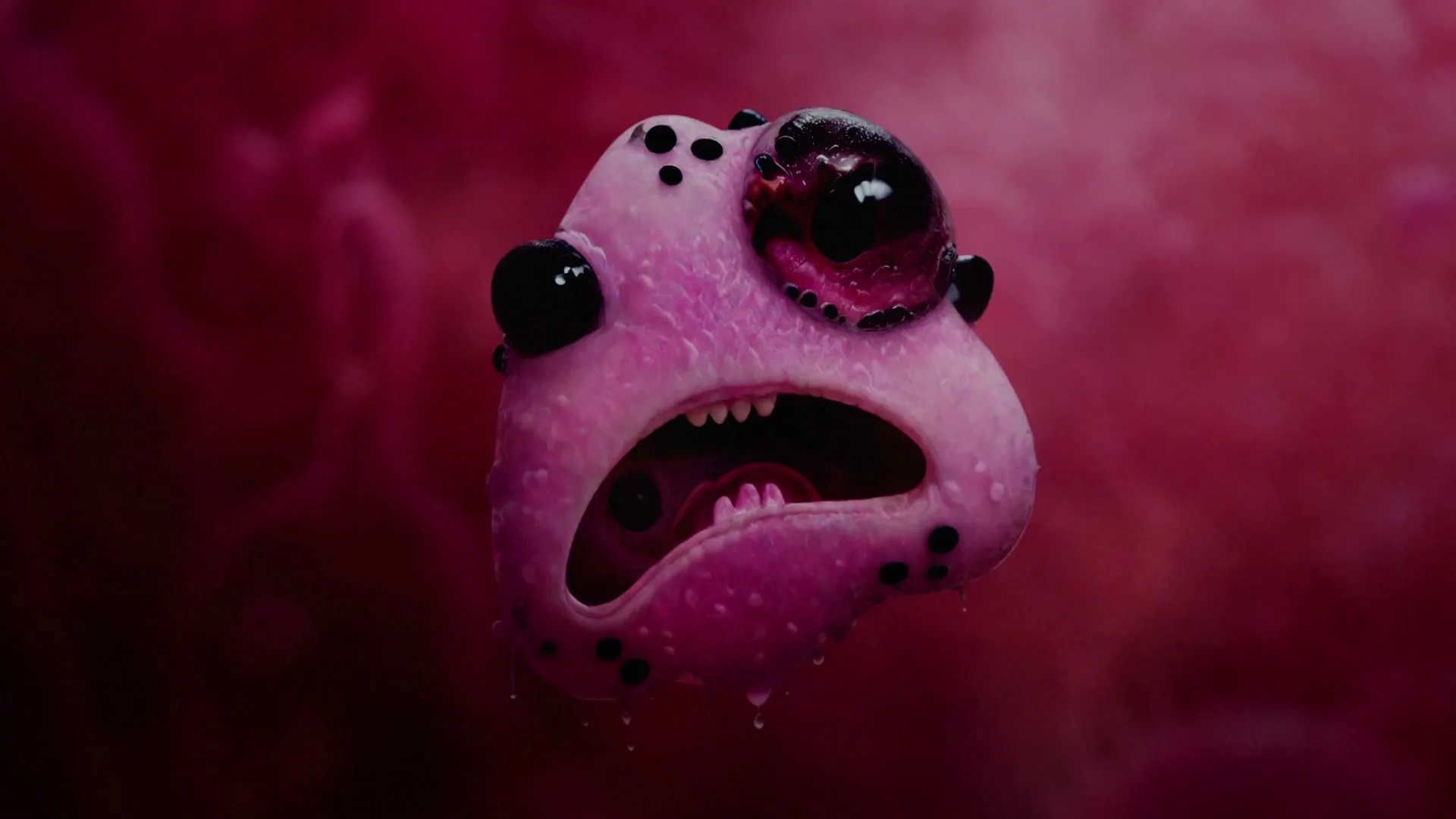 A pink, blob-like animated creature with black eyes and small teeth transforms from a sad, round shape to a more monstrous, open-mouthed form against a blurry red background.