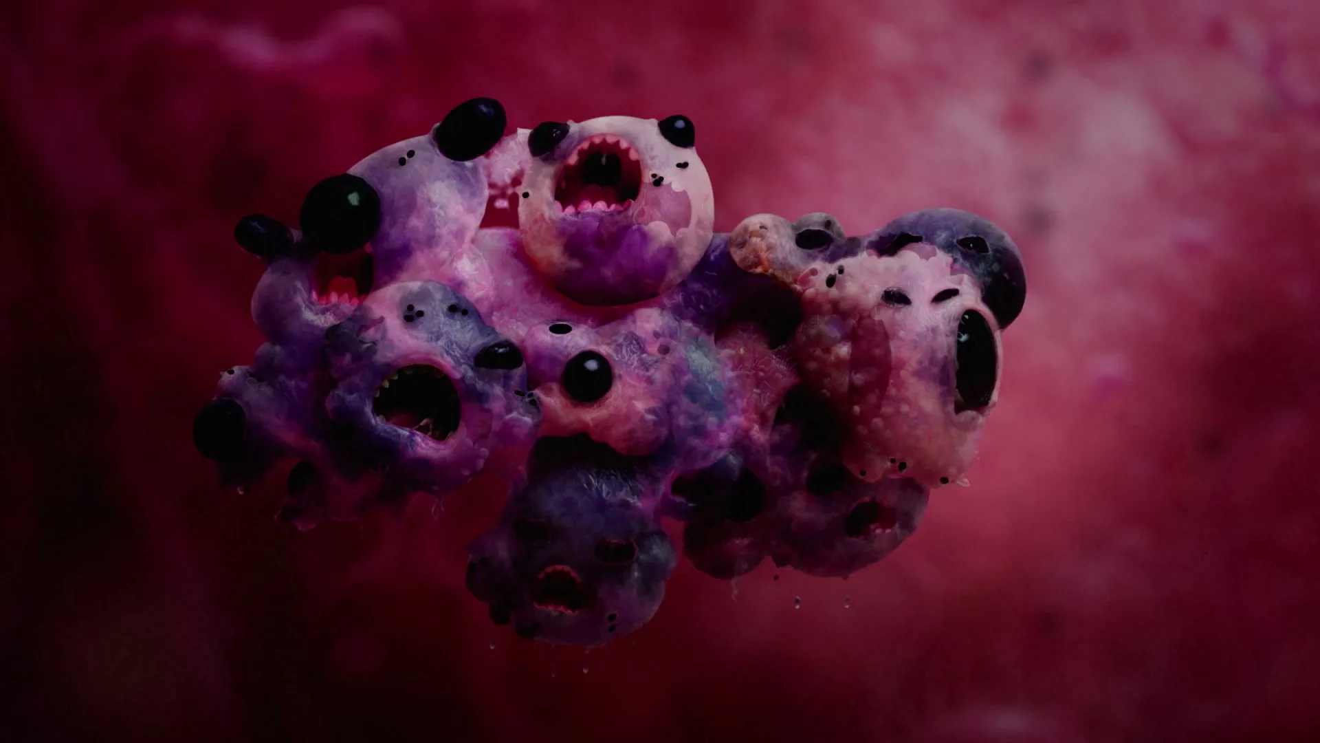 A pink, blob-like creature with multiple faces and black eyes floats in a dark pink void, slowly multiplying and changing shape.