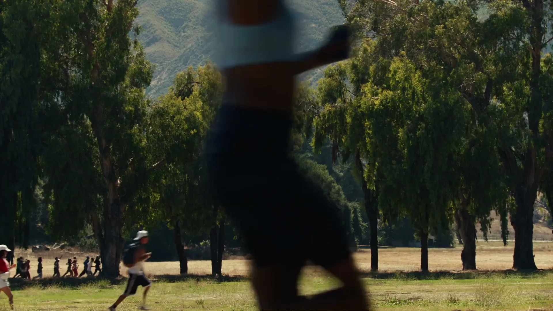 A diverse group of people of all ages run across a grassy field with trees and mountains in the background on a sunny day.
