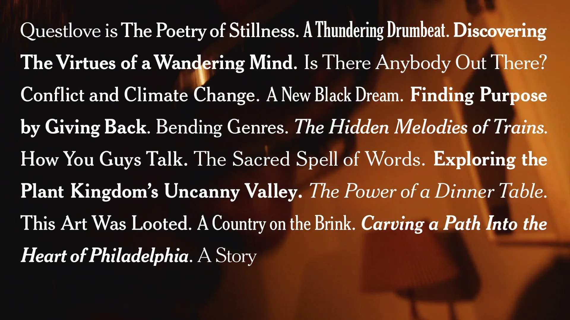 White text on a dark background lists various article titles, with a blurred, warm-toned background visible behind the text.