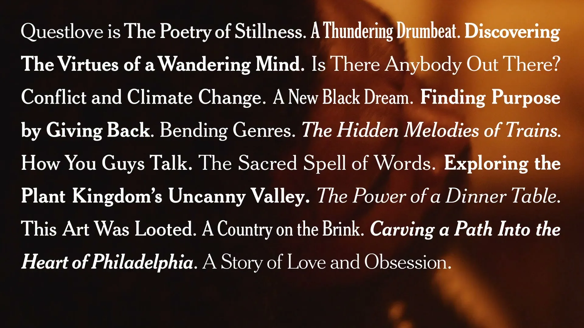 White text on a dark background lists various phrases and titles, with some words bolded for emphasis.