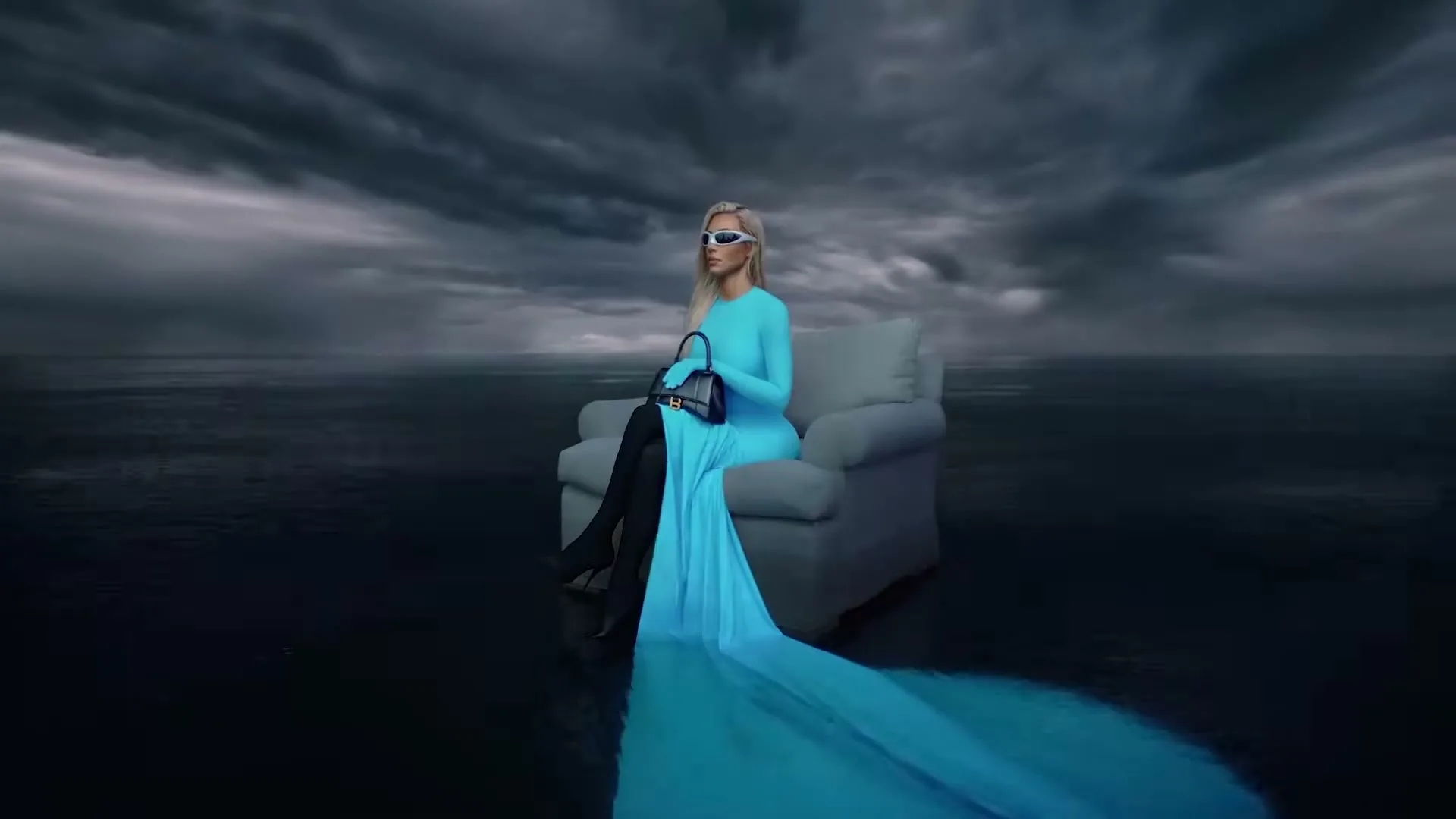 Kim Kardashian sits on a sofa in a flooded, dark, stormy landscape, wearing a long blue dress, sunglasses, and holding a black handbag.