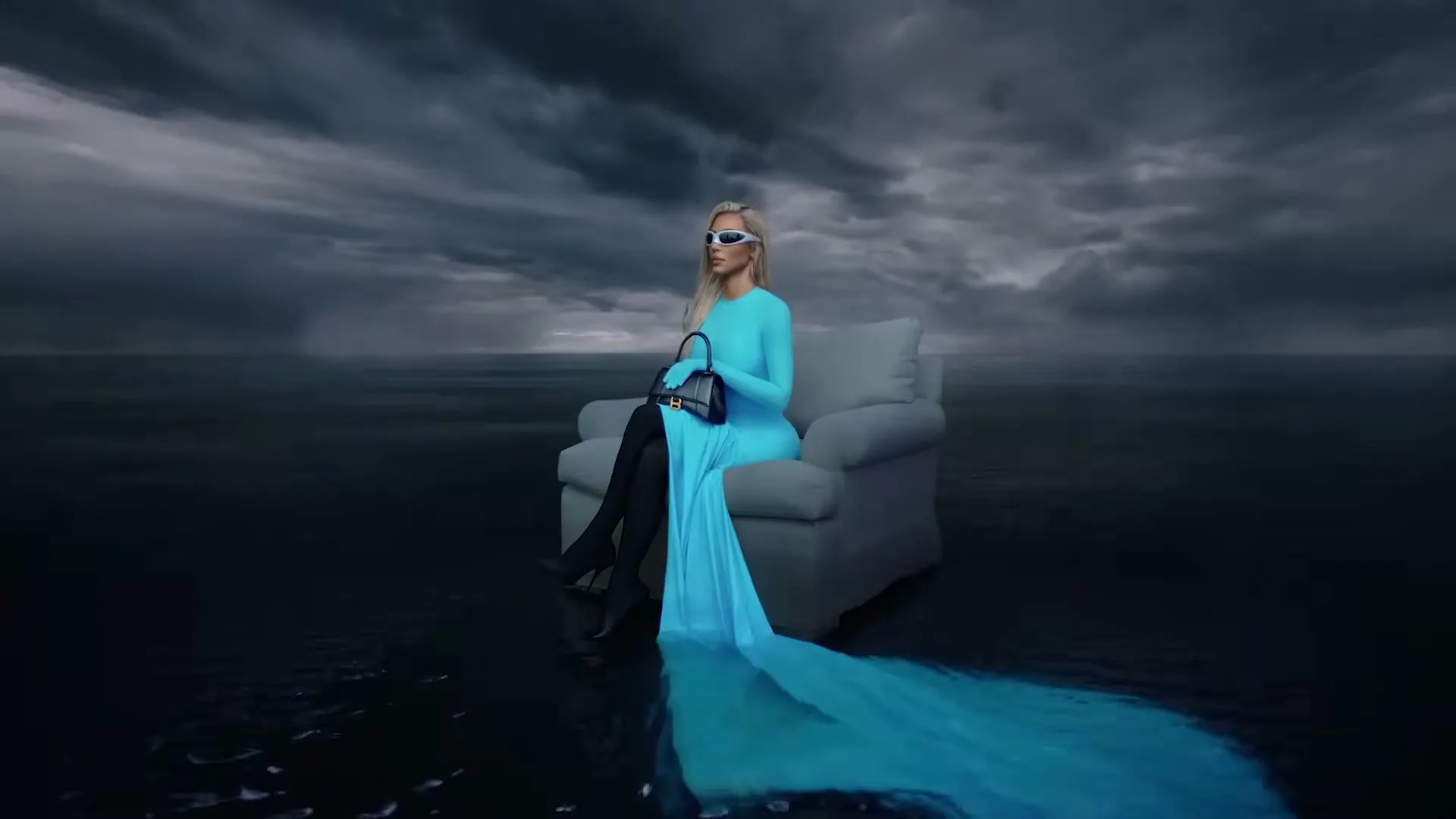 A blonde woman in a long blue dress and sunglasses sits on a couch in a stormy, watery landscape with lightning in the background.