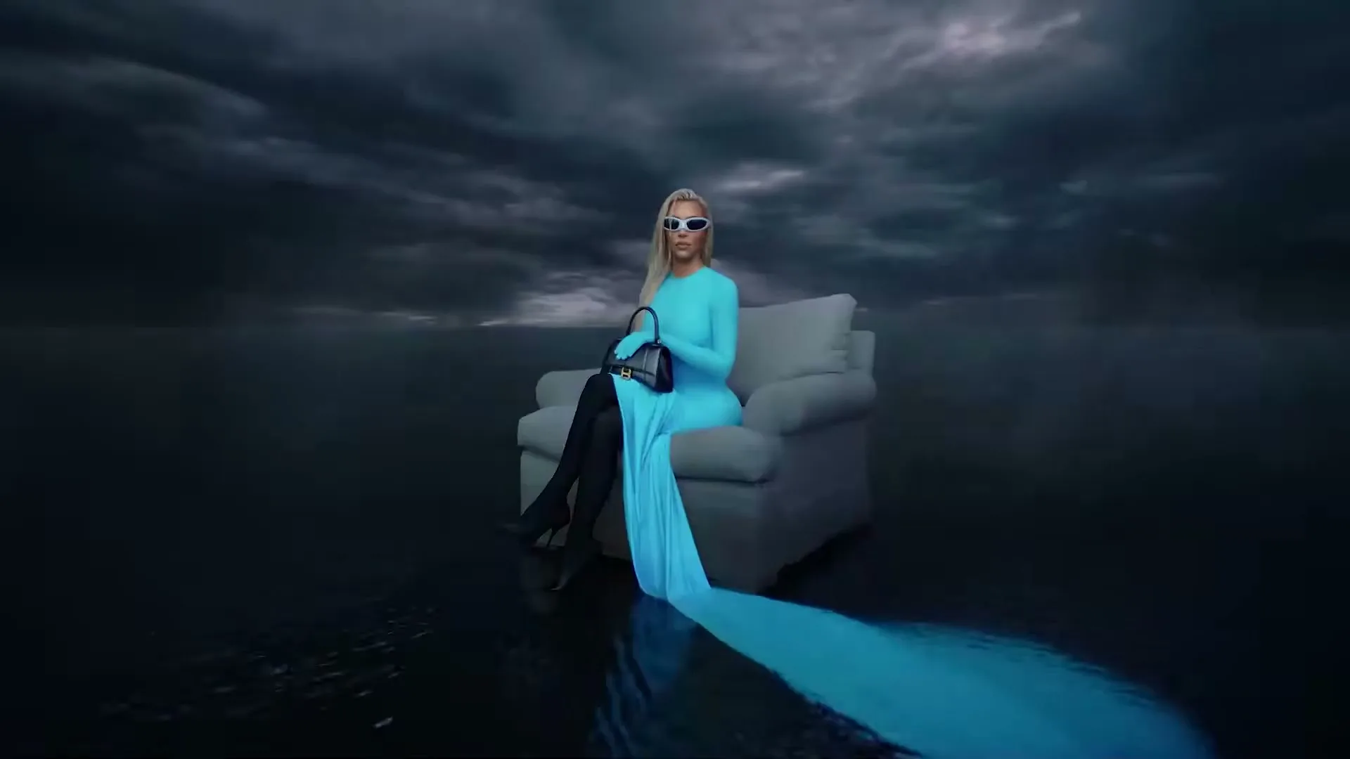 A blonde woman in a long blue dress and sunglasses sits on a couch in a stormy, watery landscape, holding a black handbag.