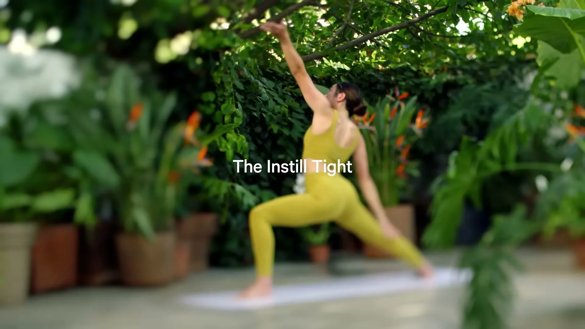 A woman in yellow activewear performs a yoga pose, stretching her arms upwards, surrounded by lush green plants in a bright, natural setting.