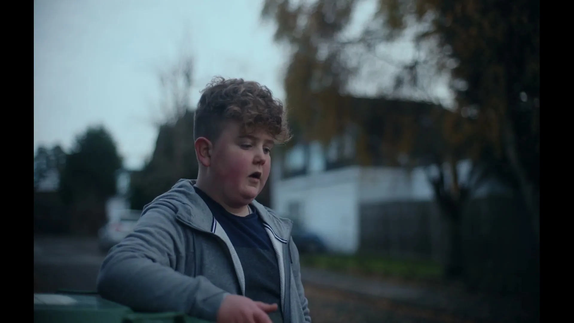 A young boy with curly hair and a grey hoodie leans on a green bin, looking downcast on a cloudy day in a suburban street.
