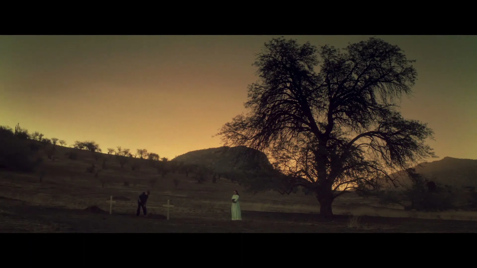 A horse-drawn carriage passes by a man digging a grave and a woman standing near a large tree in a desolate, hilly landscape at dusk.