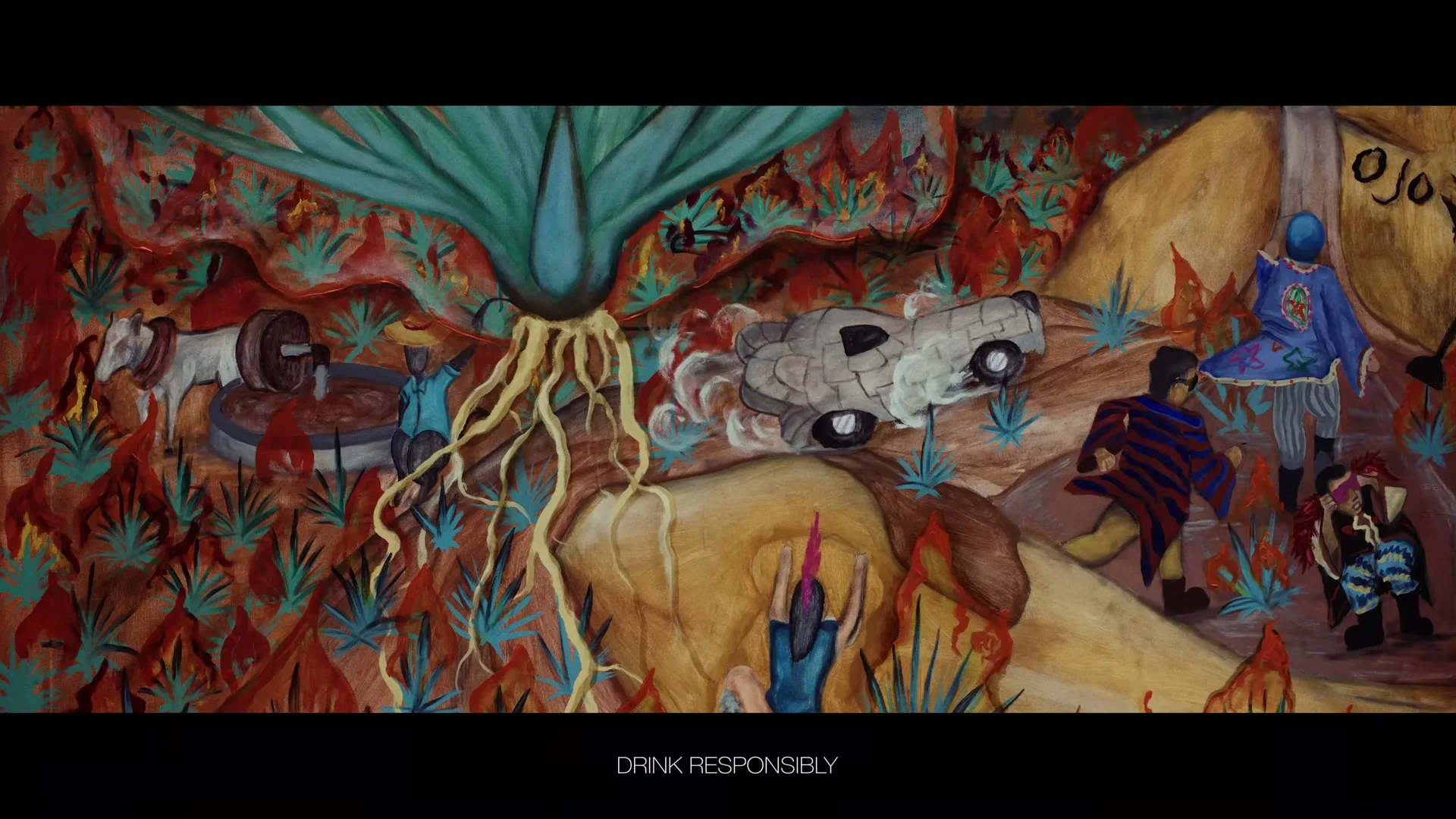 A colorful, stylized mural depicts an agave plant with roots, a car, and several people in traditional attire, with "DRINK RESPONSIBLY" text at the bottom.