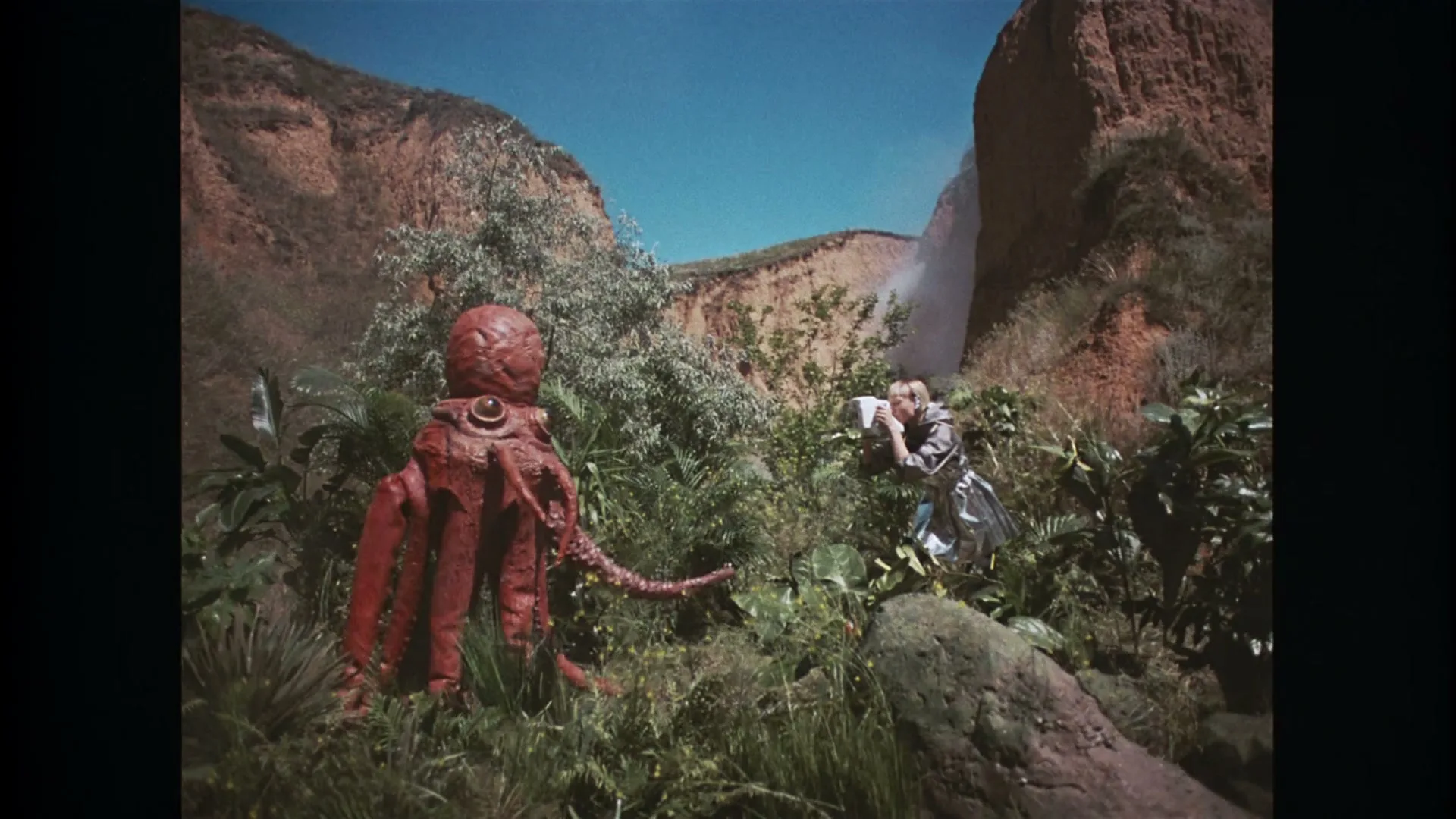 A person in a red octopus costume stands in a lush, green valley while a woman in a silver jacket photographs them with a vintage camera.