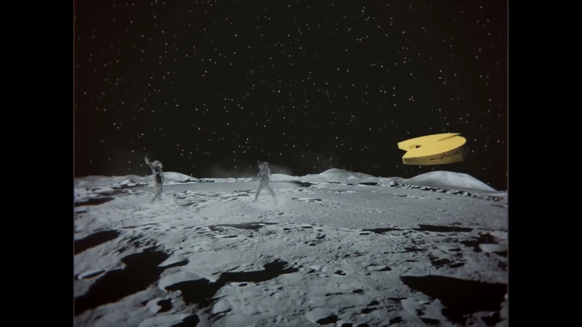 Two astronauts in white suits stand on the moon's surface, with a yellow spaceship hovering nearby under a starry night sky.