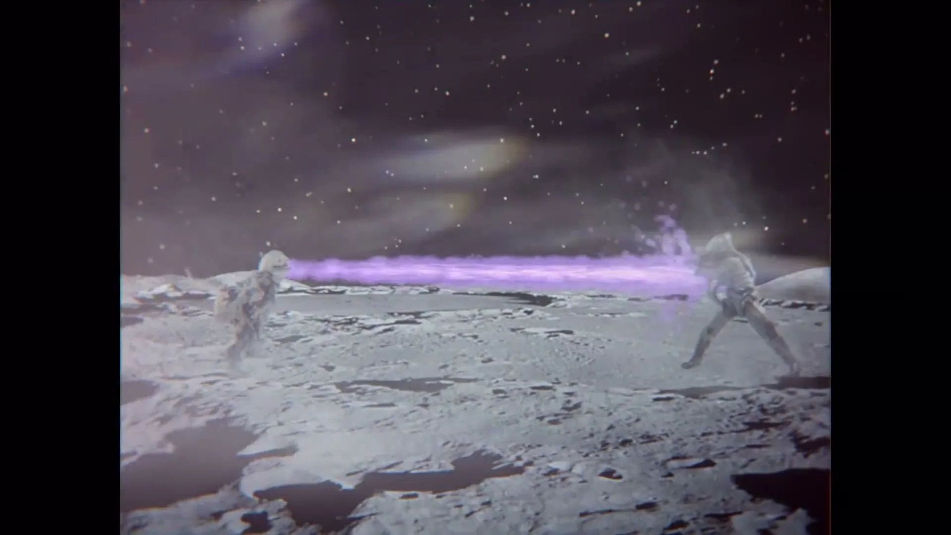 Two astronauts in space suits are on the moon, one shooting a purple laser beam at the other, who is being pushed back.