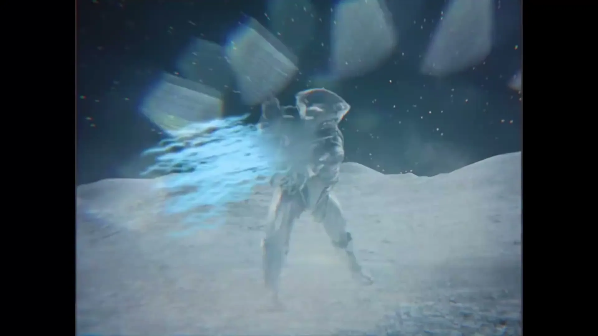 A silver robot in a spacesuit stands on a moon-like surface, surrounded by a blue energy field, in a wide shot.
