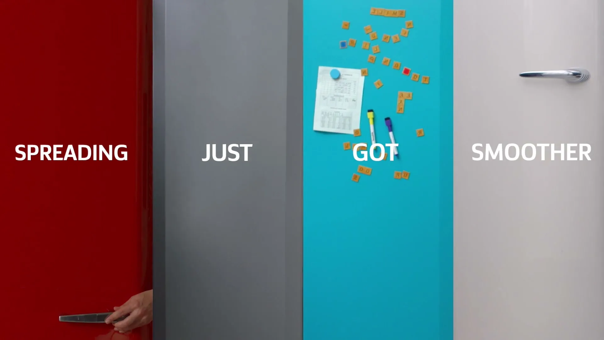 A split-screen shot shows four different hands opening four different refrigerators, revealing various food items and the Lurpak Softest butter.