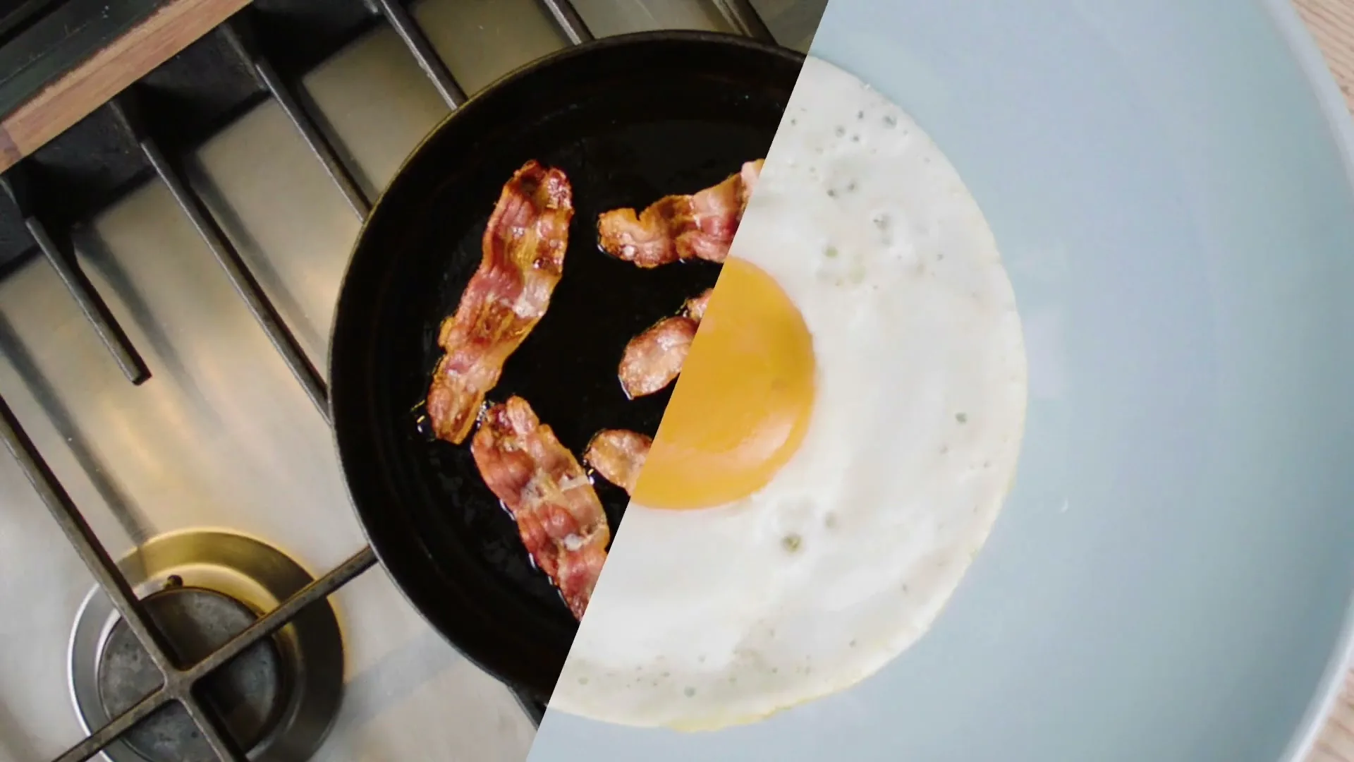 A split screen shows bacon frying in a pan on a stove and a fried egg on a light blue plate, emphasizing breakfast food.