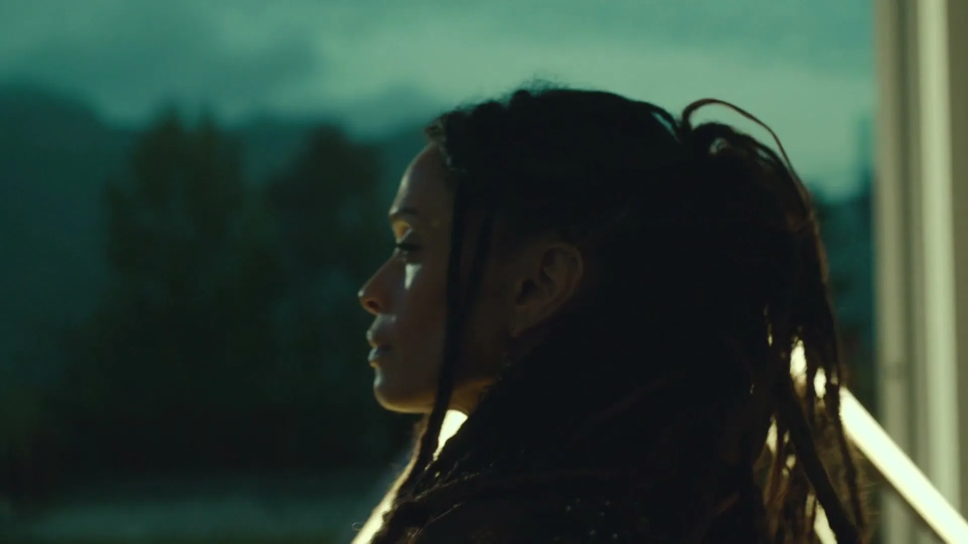 A woman with dreadlocks, wearing a gold sheet, turns to reveal her face in profile, looking out a window at dusk.