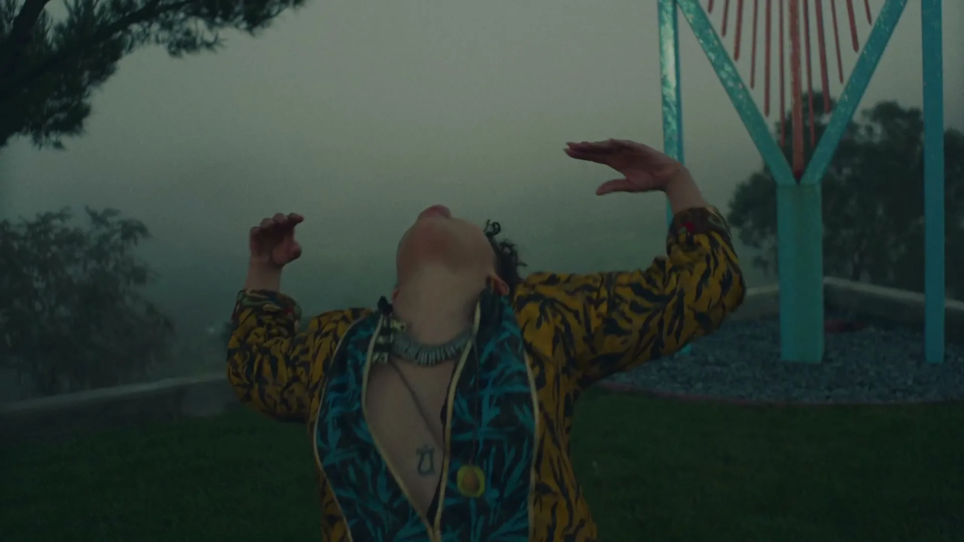 A person with dark curly hair and a patterned jacket looks up with arms raised, standing on a grassy hill with fog in the background.