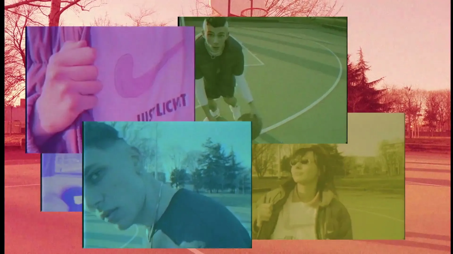A collage of four video clips shows young people in various outdoor settings, with a pink-tinted basketball court in the background.