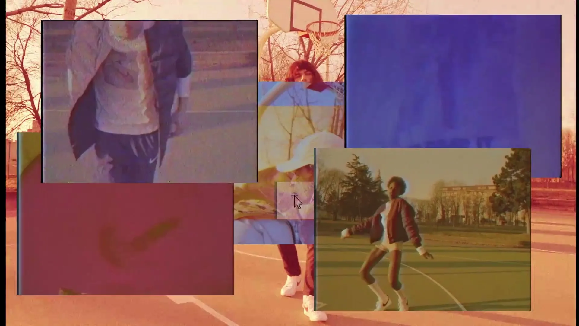 A collage of glitchy video clips shows people playing basketball and jumping rope on an outdoor court, with a red filter over the entire scene.