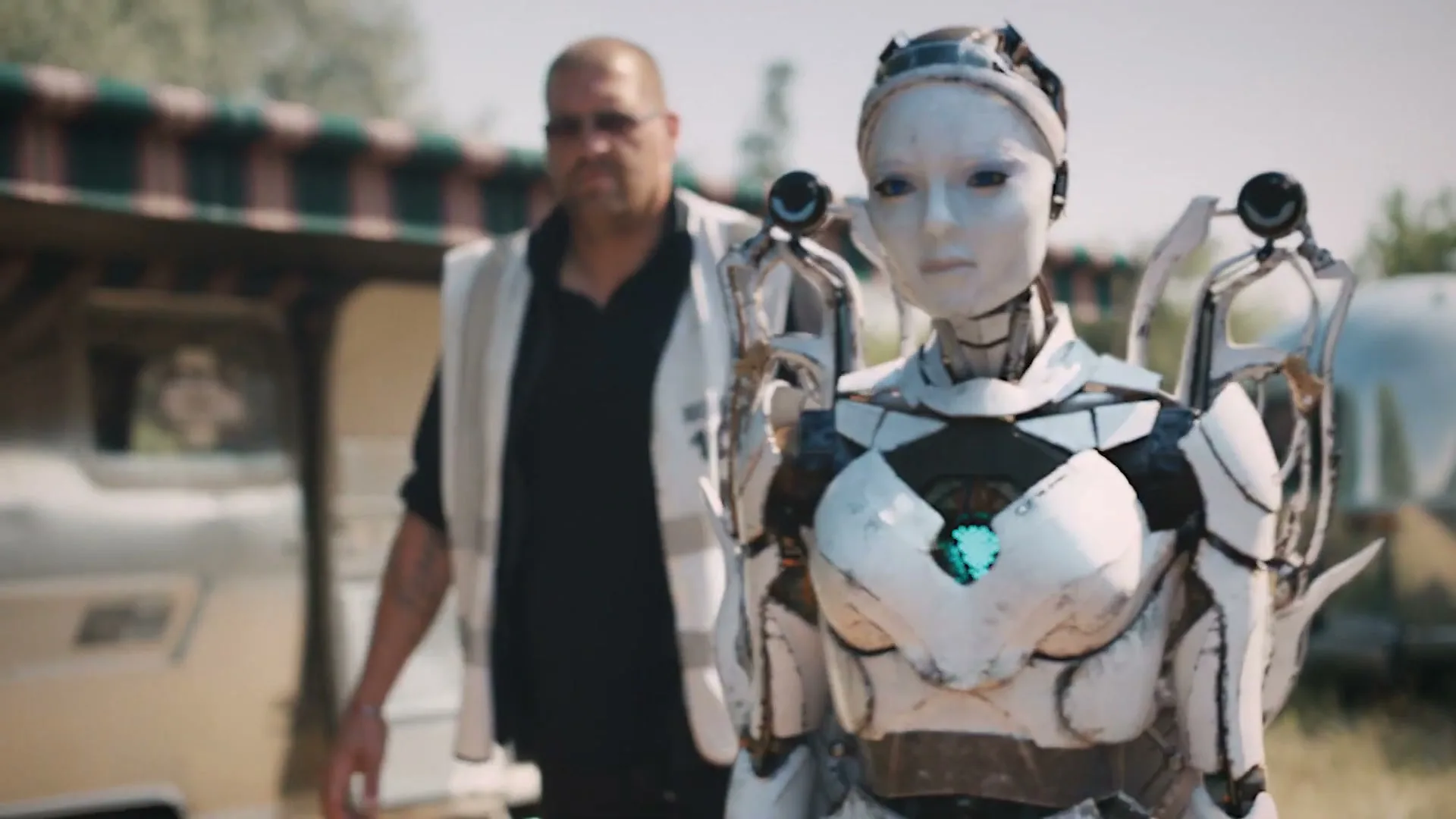 A white robot with a glowing blue chest walks forward, followed by a man in sunglasses and a white vest, outdoors on a sunny day.