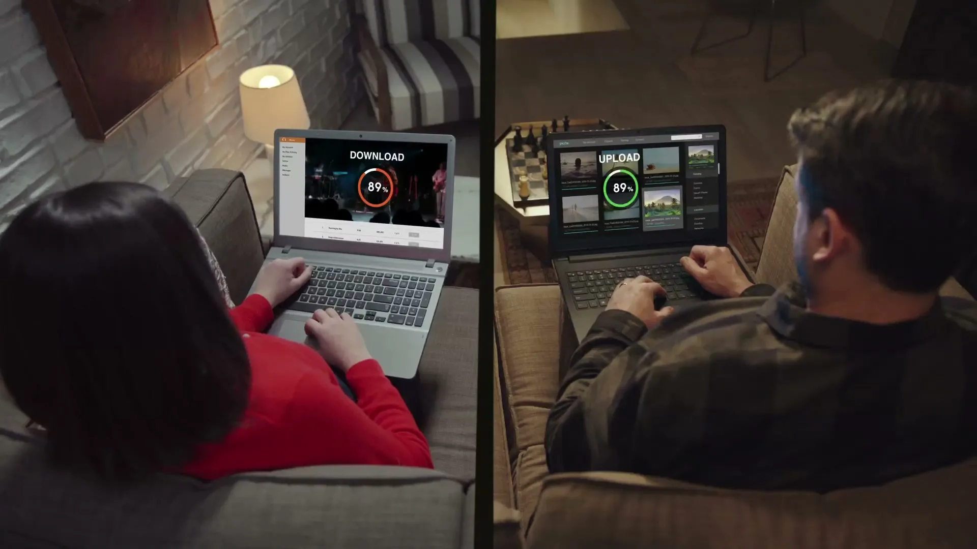 A split screen shows a woman downloading and a man uploading on their laptops, both completing their tasks quickly in their respective living rooms.