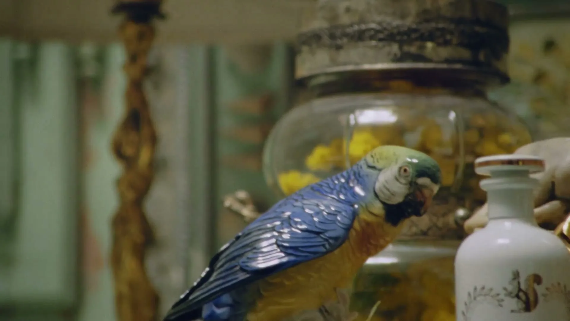 A detailed shot of a porcelain parrot figurine, a glass jar with yellow flowers, and a white perfume bottle with a squirrel design, all on a table.