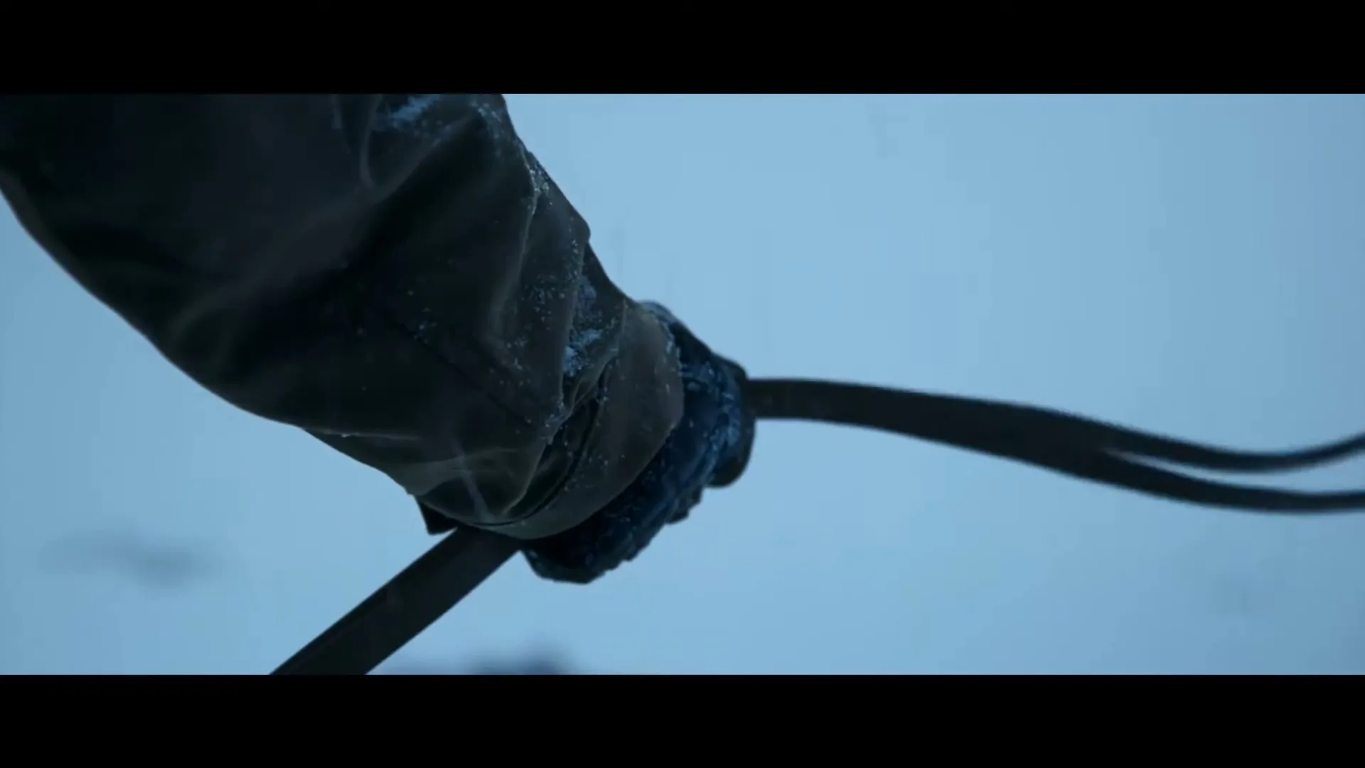 A person's gloved hand holds a ski pole and a rope, with snow on their sleeve, against a blurry, light blue background.