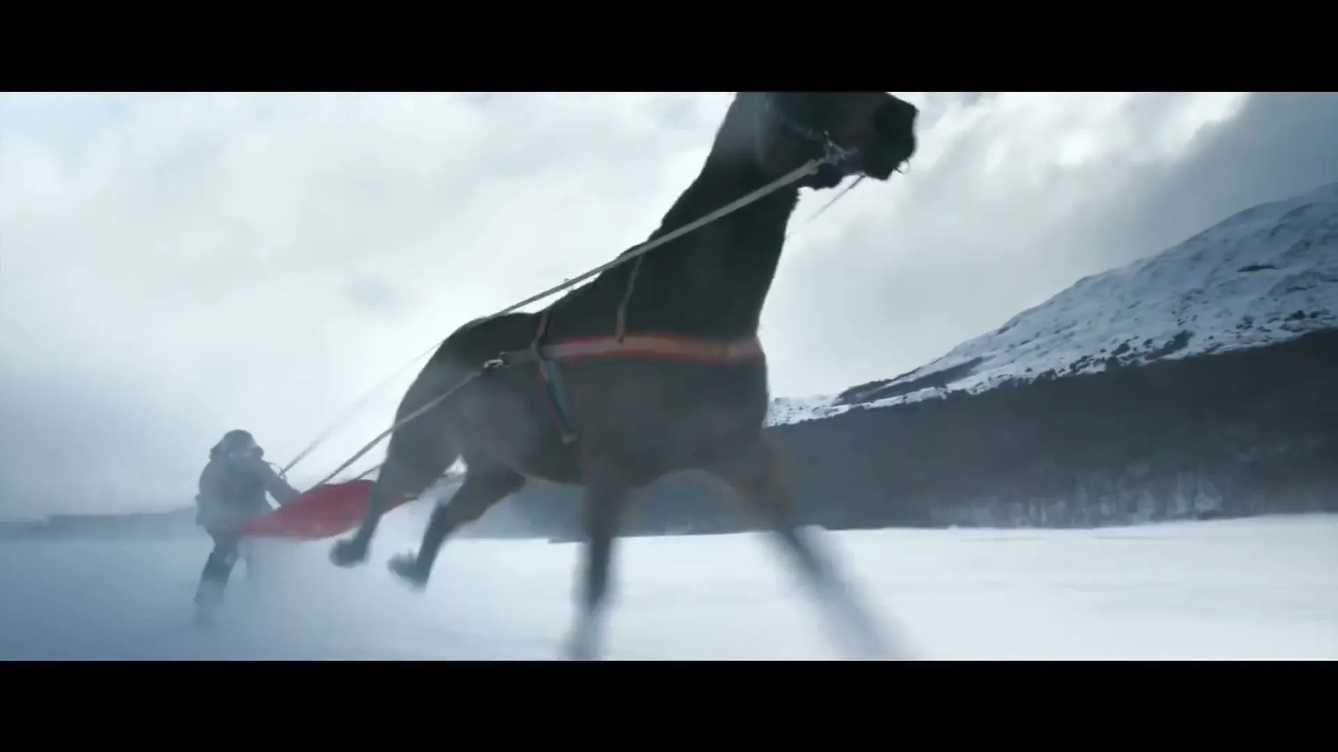 A person on skis holds onto a red sled, being pulled by a horse across a vast, snowy landscape with mountains in the background.