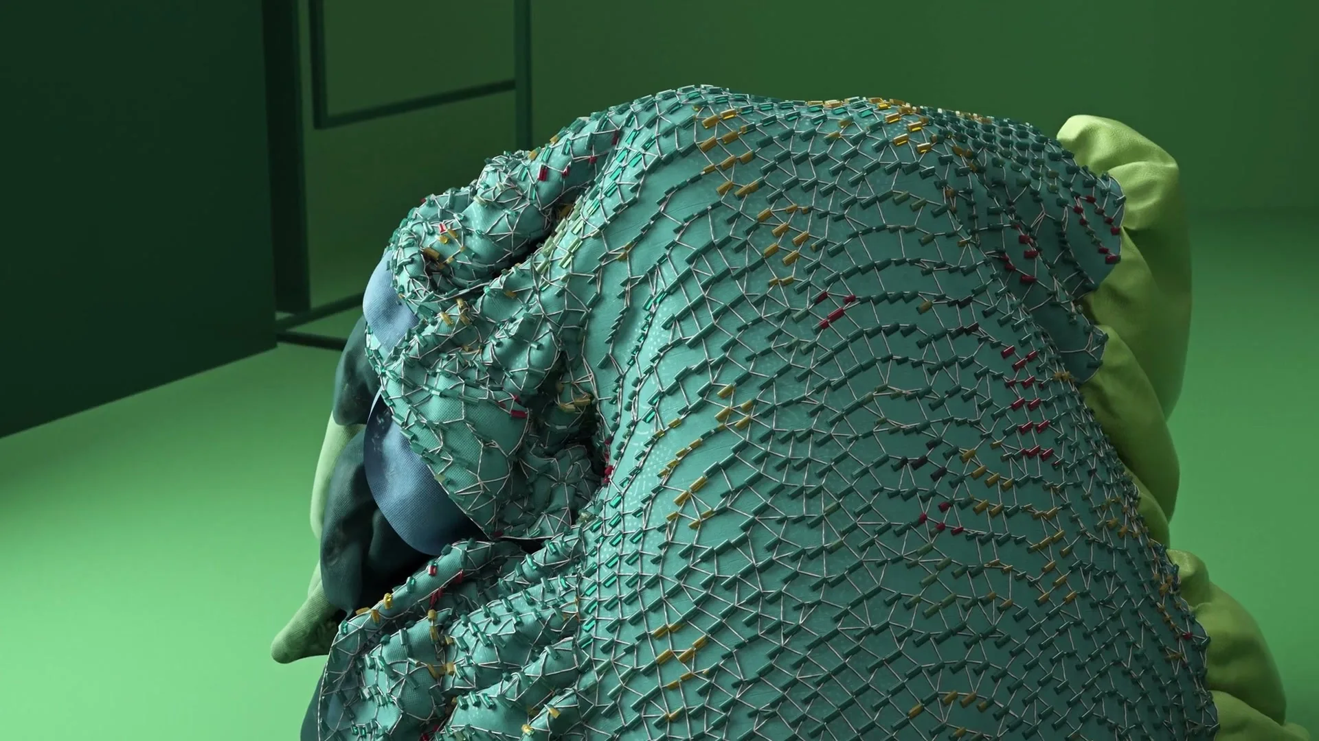 A close-up shot shows a textured, teal-colored fabric with small, colorful pins, draped over an unseen object in a green room.