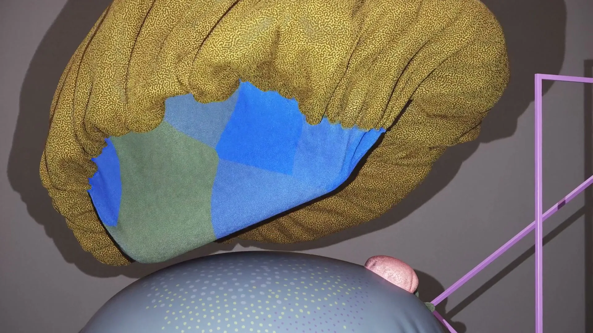 A large, textured, mustard-yellow blob with blue and green patches underneath hovers over a grey, dotted sphere, with a small pink blob on the side, in a minimalist, abstract setting.