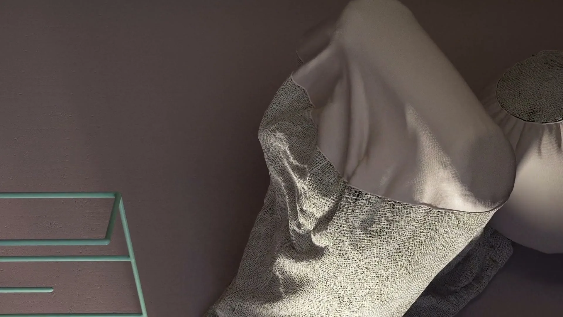 A white, fabric-covered object, resembling a human torso, is seen from an overhead perspective, moving and shifting on a solid purple background.