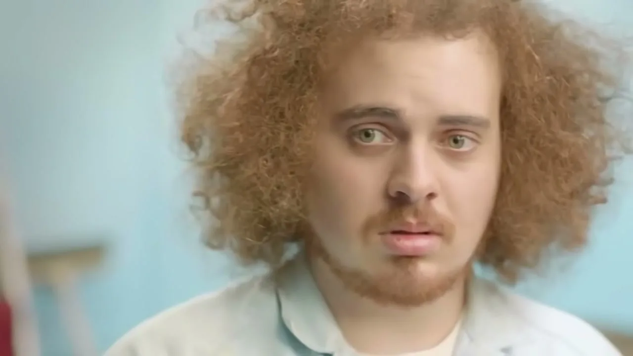 A young man with curly red hair and a beard looks directly at the camera with a surprised expression in an interior setting.