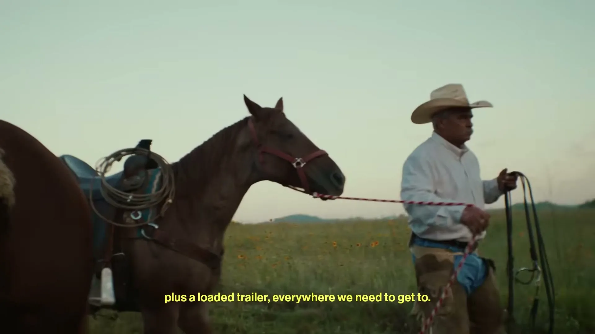 A male cowboy in a white shirt and hat leads a saddled brown horse through a field of wildflowers at dusk.