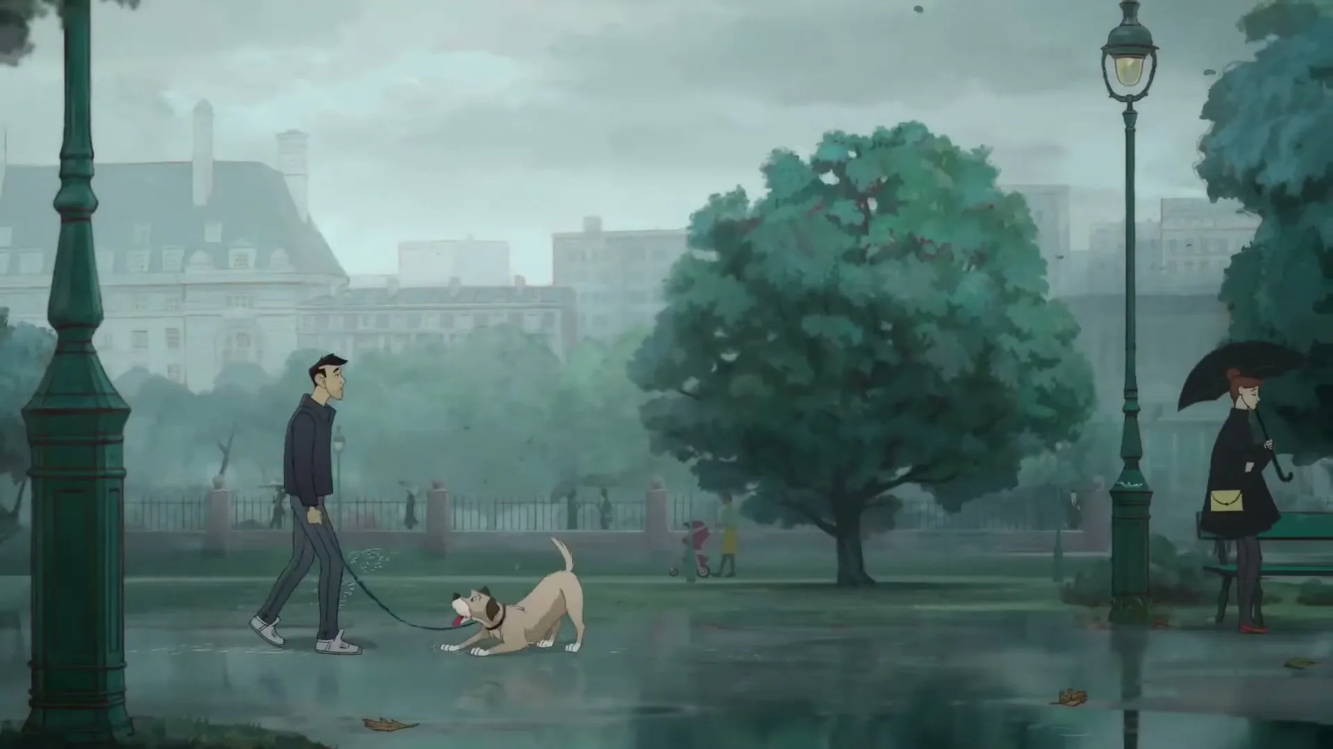 A man walks his dog in a park on a rainy day, while a woman with an umbrella sits on a bench in the background.