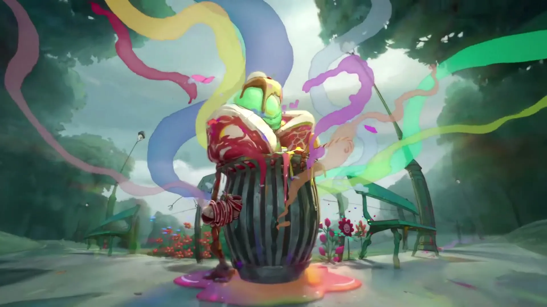 A giant, overflowing ice cream sundae in a trash can sits in a whimsical park, with colorful ribbons of smoke swirling around it.