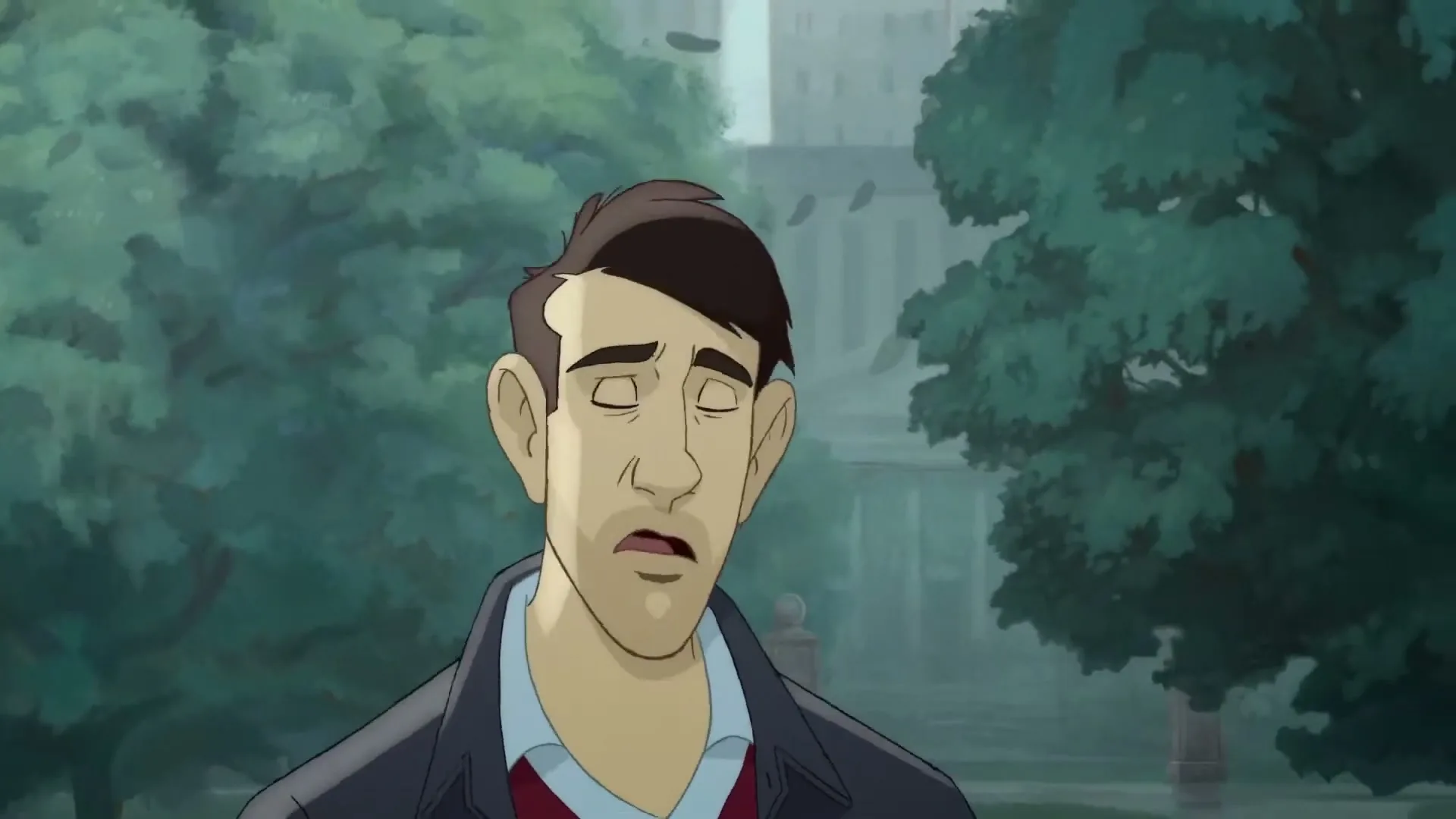 A cartoon man with dark hair and a blue shirt looks around with a confused expression in a park setting.