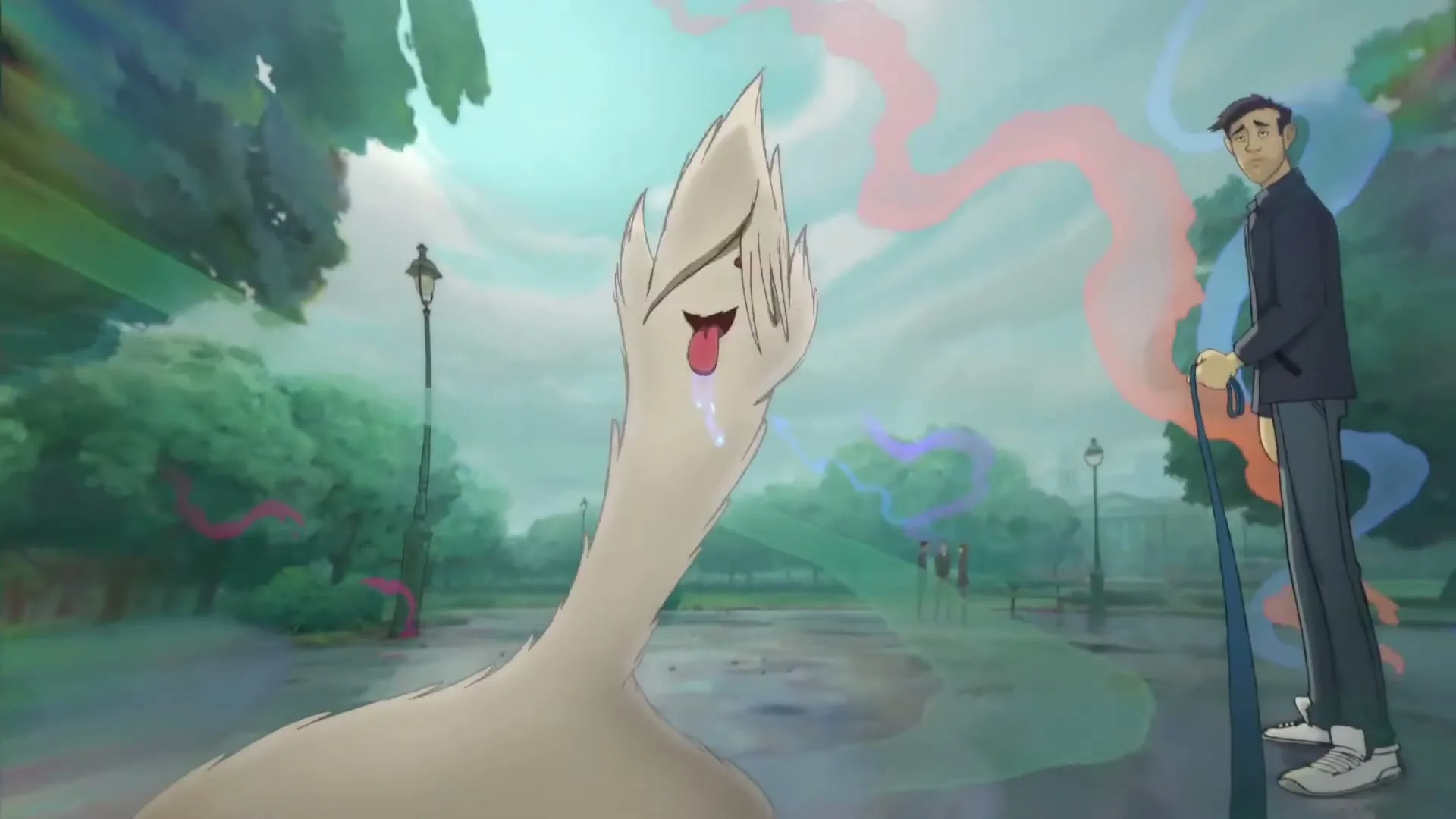 An animated man in a suit holds a leash as his dog, a fluffy white creature, transforms into a colorful ribbon and flies away in a park.