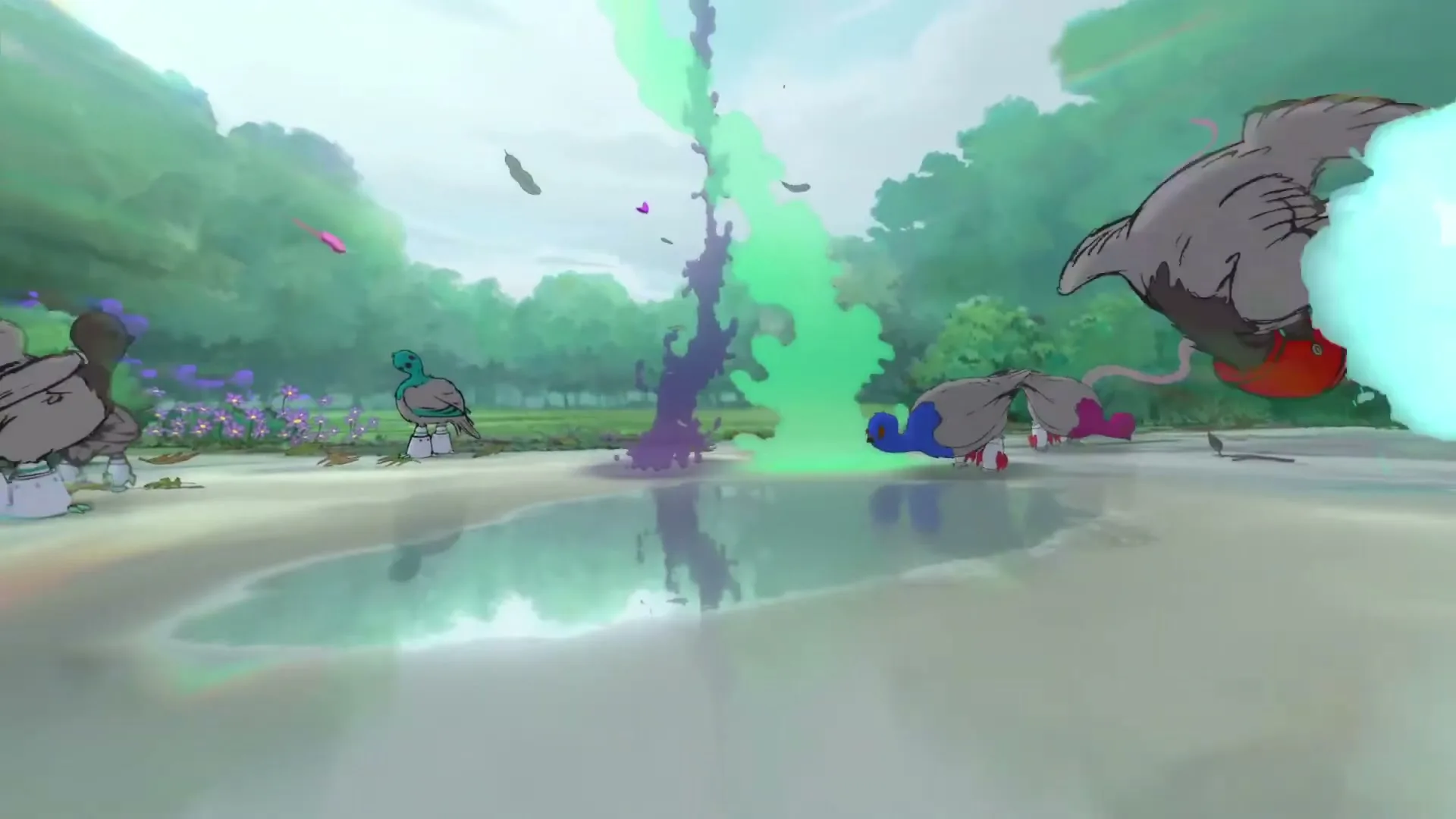Animated pigeons with colorful shoes and trails of color fly up from a puddle in a park.
