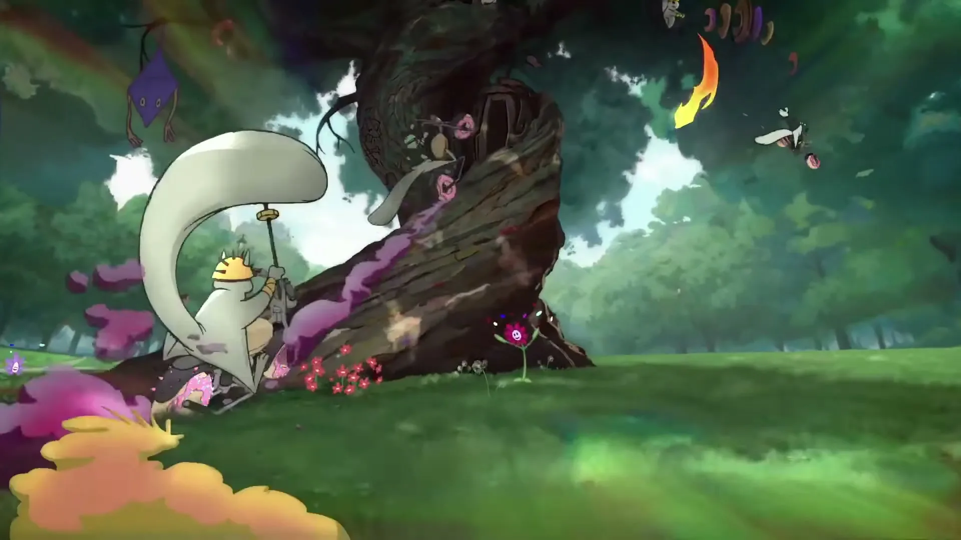 A squirrel-like creature on a motorcycle rides around a large, gnarled tree in a park, leaving colorful trails.