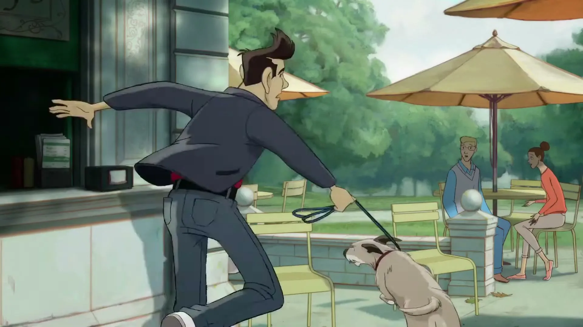 A man in a dark suit runs past a cafe with his dog on a leash, while a couple sits at a table in the background.