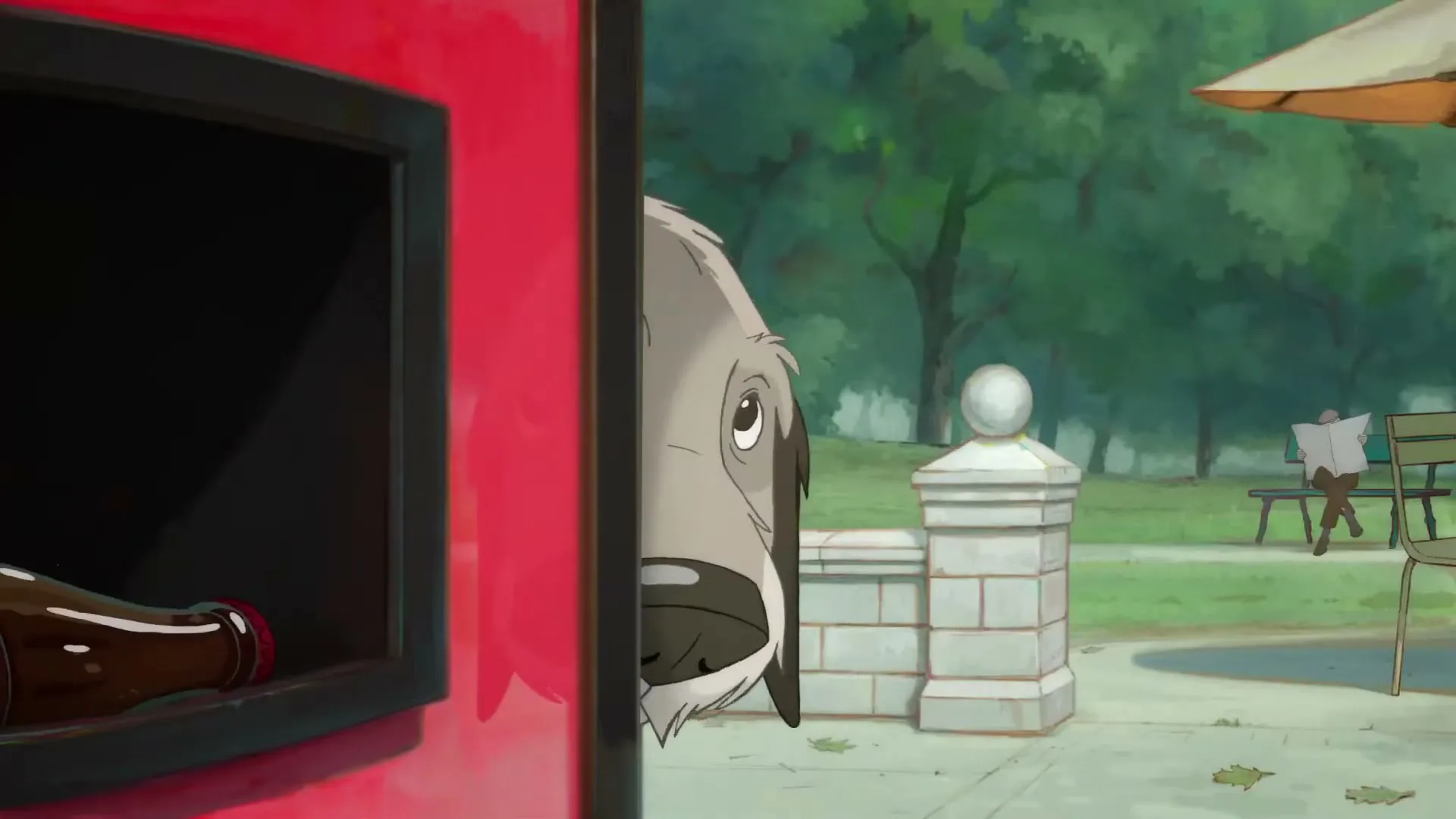 An animated dog peeks from behind a red vending machine, looking longingly at a Coca-Cola bottle inside, in a park setting.