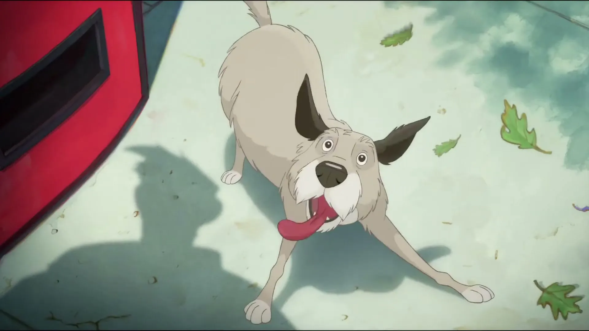 A happy animated dog with light fur and dark ears looks up at the camera, panting with its tongue out, next to a red object on a light ground with scattered leaves.